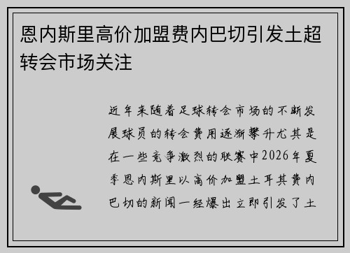 恩内斯里高价加盟费内巴切引发土超转会市场关注 恩内斯里高价加盟费内巴切引发土超转会市场关注