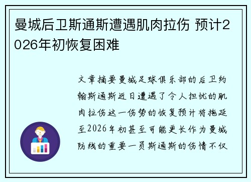 曼城后卫斯通斯遭遇肌肉拉伤 预计2026年初恢复困难