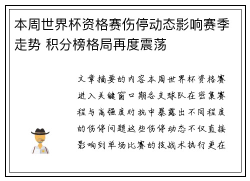本周世界杯资格赛伤停动态影响赛季走势 积分榜格局再度震荡